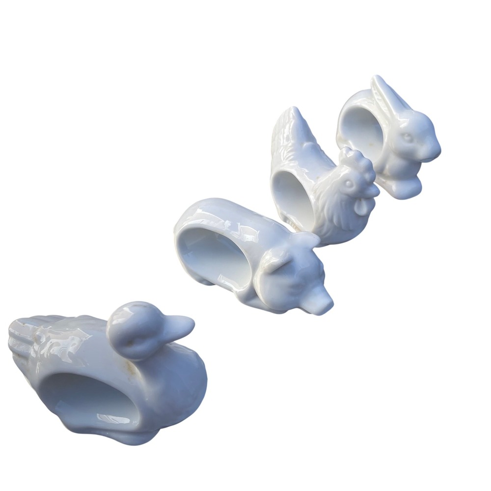 Set of 4 Ceramic Farm Animal Napkin Rings‎ Chicken Duck Pig Rabbit